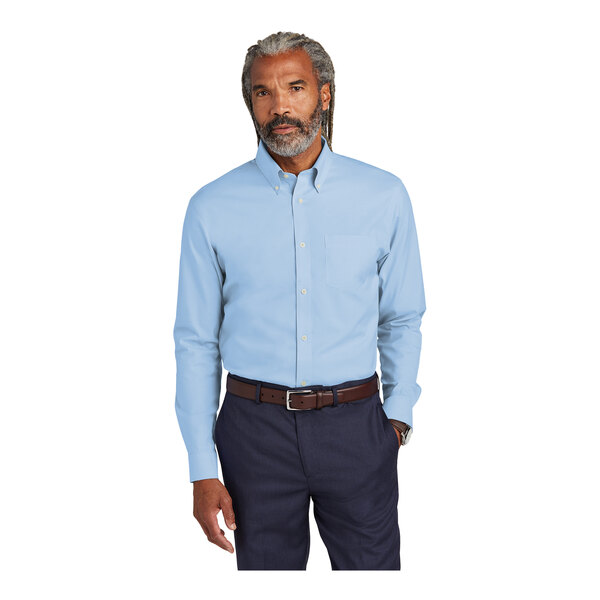 A man with a beard wearing a blue Brooks Brothers Newport dress shirt.