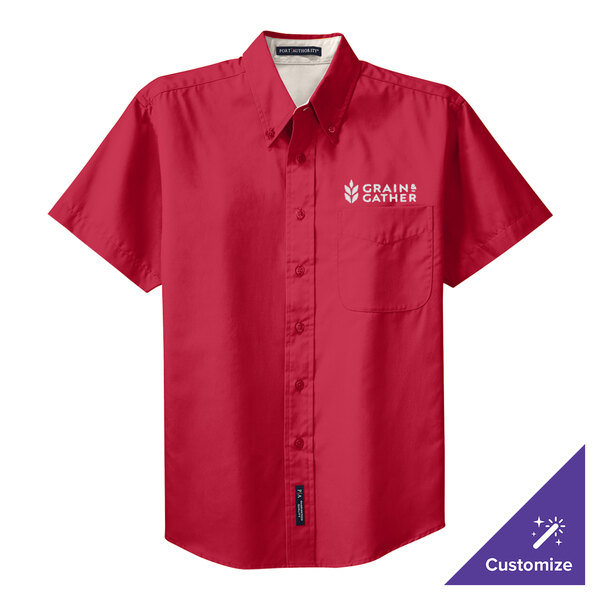 A red Port Authority short sleeve dress shirt with white text.