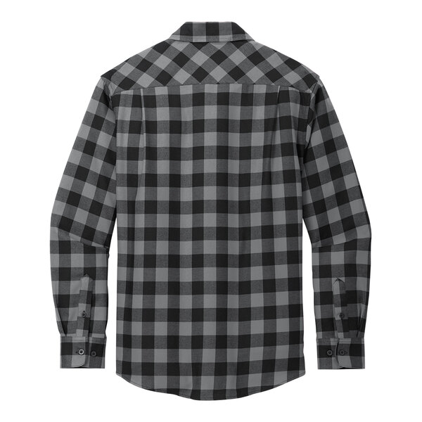 A back of a grey and black plaid flannel shirt.