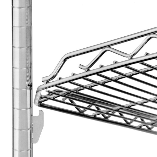 A close-up of a Metro chrome wire shelf.