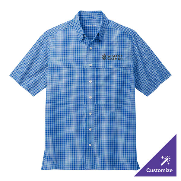 A blue and white plaid Port Authority shirt with the logo on the front.