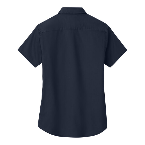 A navy and light stone Port Authority ladies' short sleeve poplin dress shirt.