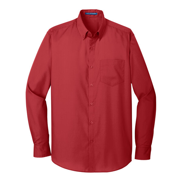 A Port Authority rich red long sleeve poplin shirt with a pocket.