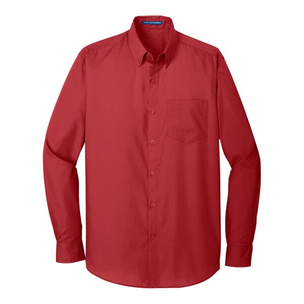 A Port Authority red long sleeve poplin dress shirt with a pocket.