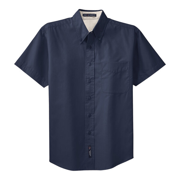 A Port Authority unisex navy and light stone short sleeve button-down shirt.