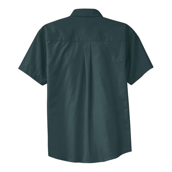 A back view of a dark green and navy Port Authority short sleeved dress shirt.