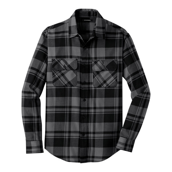 A Port Authority unisex long sleeved flannel shirt in black and grey plaid.