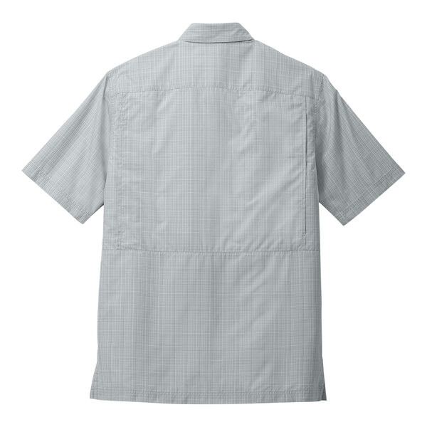 The back of a Port Authority grey plaid short sleeve shirt with a check pattern.