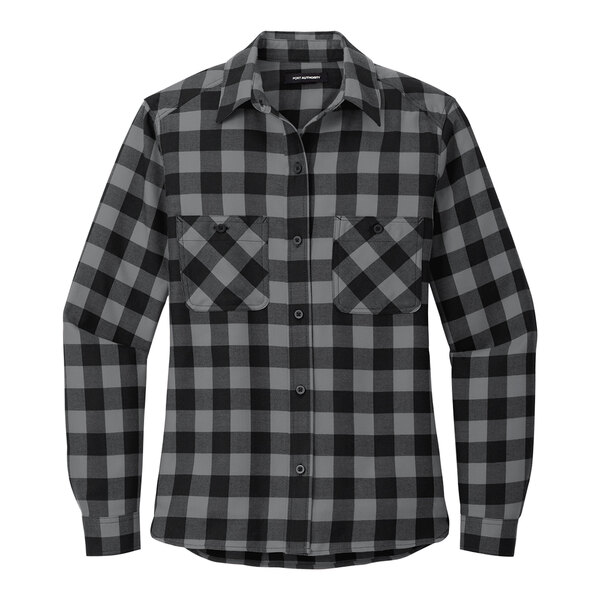 A black and grey plaid Port Authority women's flannel shirt.