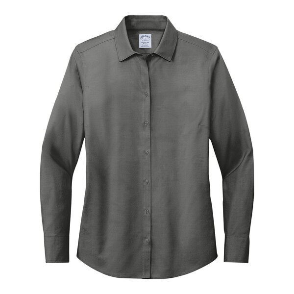 A Brooks Brothers women's long sleeve black pinpoint stretch dress shirt.