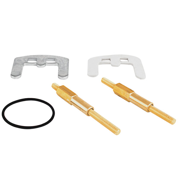 A pair of metal T&S single lever mounting parts with a rubber ring.
