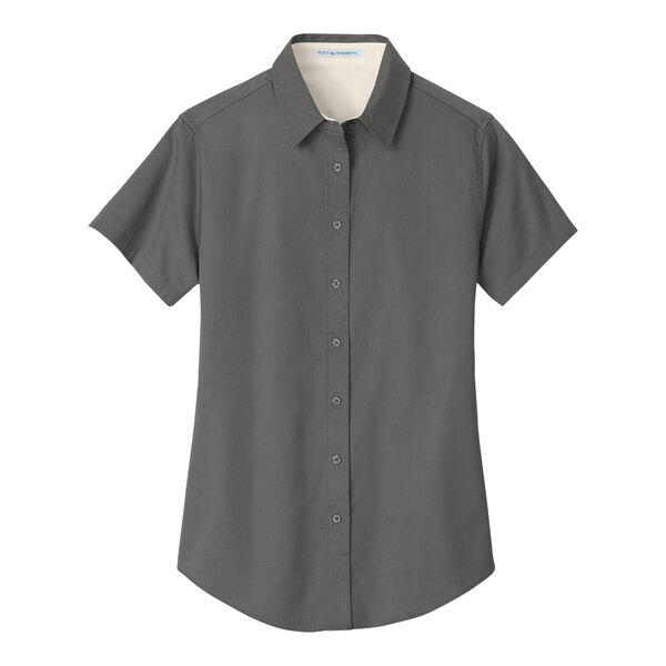 A Port Authority steel gray and light stone short sleeved button down dress shirt for women.