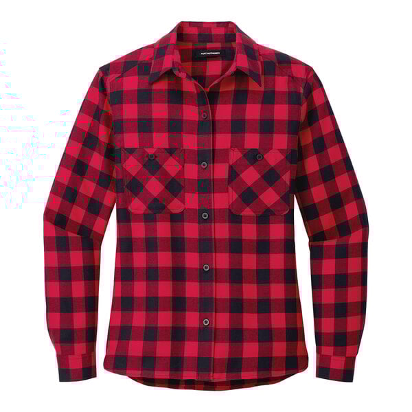 A red and black plaid Port Authority women's flannel shirt.