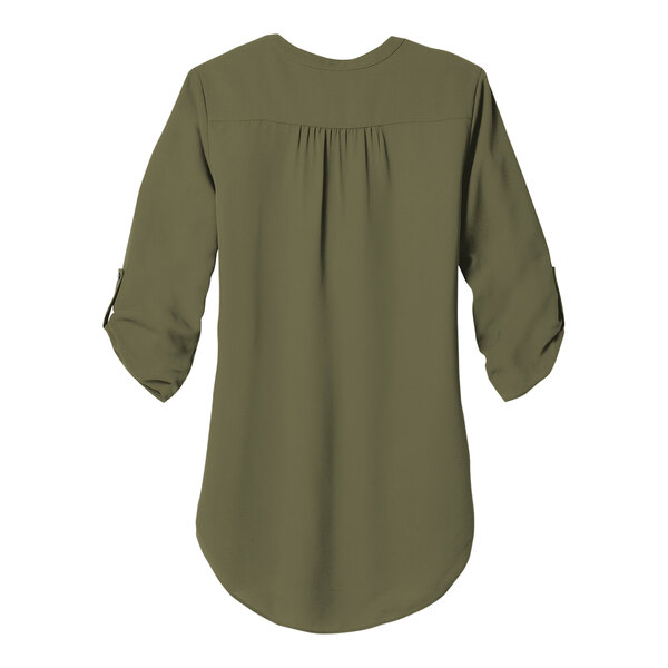 A back view of a women's olive green Port Authority blouse with short sleeves.