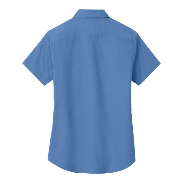 A Port Authority ultramarine blue short sleeve poplin dress shirt for women.