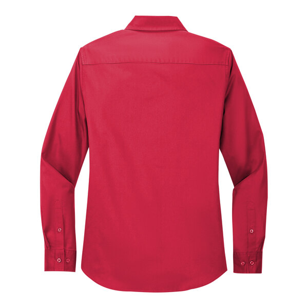 A red Port Authority women's long sleeve dress shirt.