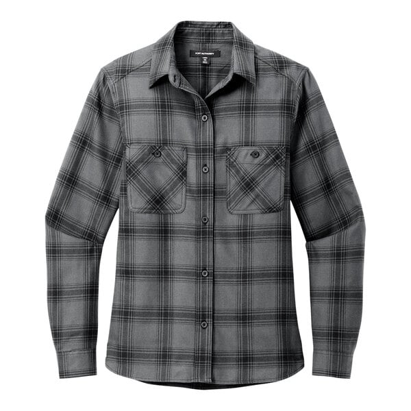 A Port Authority women's long sleeve flannel shirt in grey and black with a pocket.