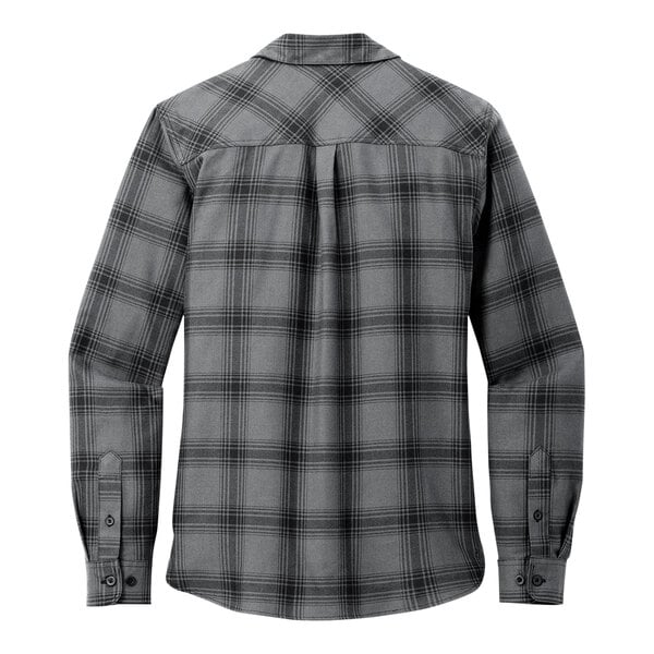 A back view of a grey and black plaid Port Authority flannel shirt.