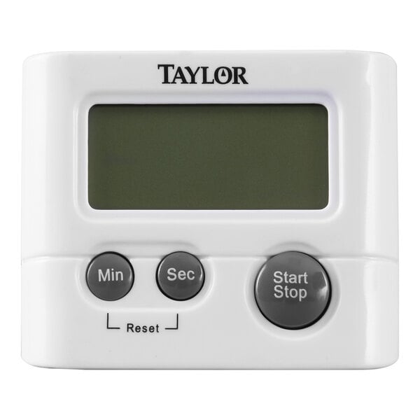 A white digital kitchen timer with a large display and three buttons labeled Min, Sec, and Start/Stop.