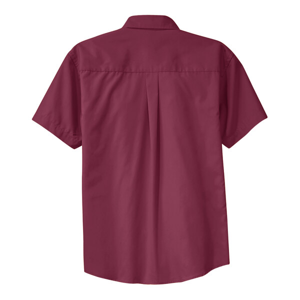 A Port Authority men's short sleeve button-up dress shirt in burgundy and light stone plaid.