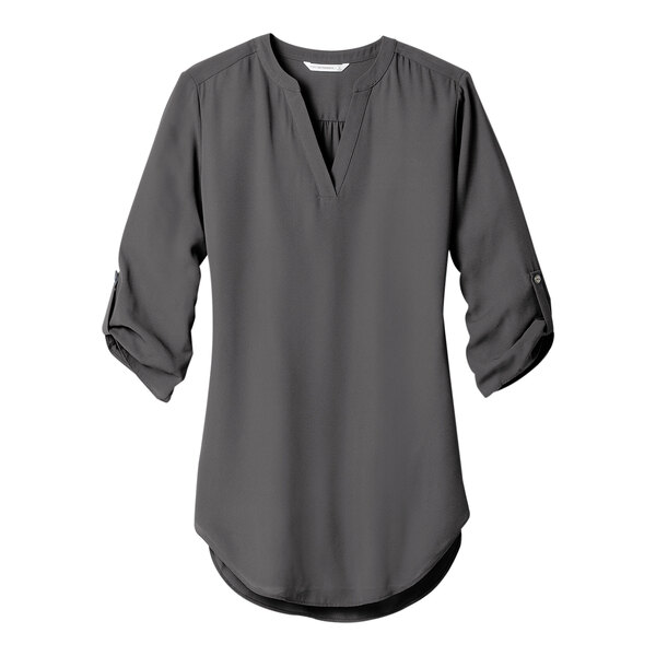 A sterling grey Port Authority blouse with short sleeves.
