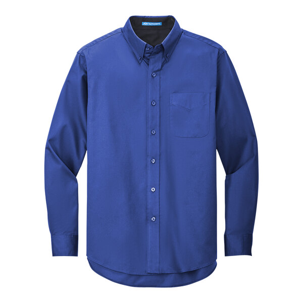 A Port Authority royal blue and classic navy long sleeve dress shirt.