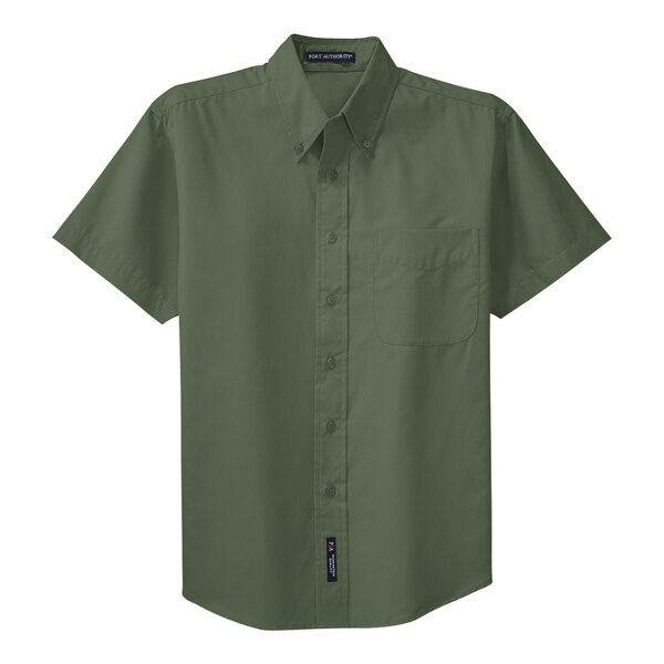A close-up of a Port Authority Clover Green short sleeve dress shirt with a button-up collar.