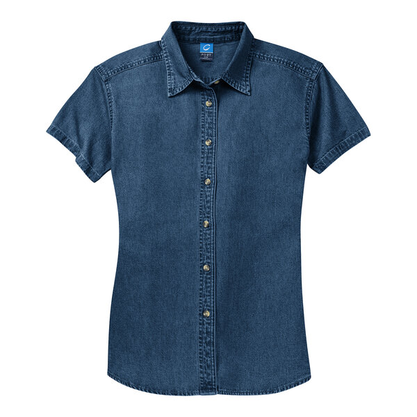 A Port & Company women's blue denim button-down shirt.