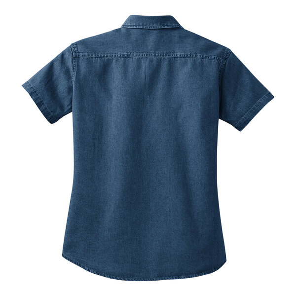 A Port & Company women's denim button-down shirt in ink blue.