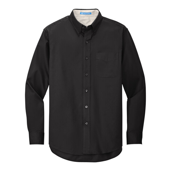 A black Port Authority long sleeve dress shirt with white accents.