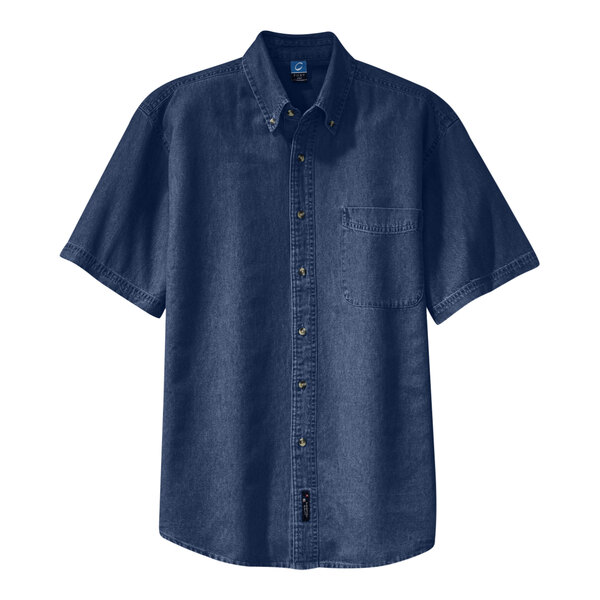 A Port & Company unisex long sleeve denim button-down shirt in ink blue with a pocket and buttons.