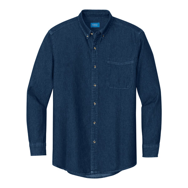 A Port & Company unisex ink blue short sleeve denim button-down shirt on a counter.