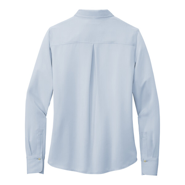 A close-up of a Brooks Brothers blue long sleeve full-button satin blouse.