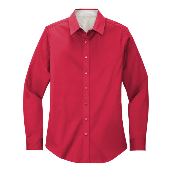 A red and light stone Port Authority ladies' long sleeve poplin dress shirt.