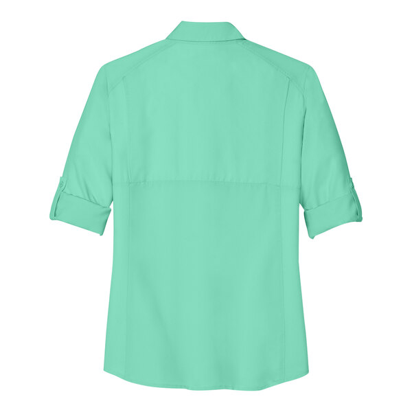 The back of a bright seafoam green short sleeve shirt.