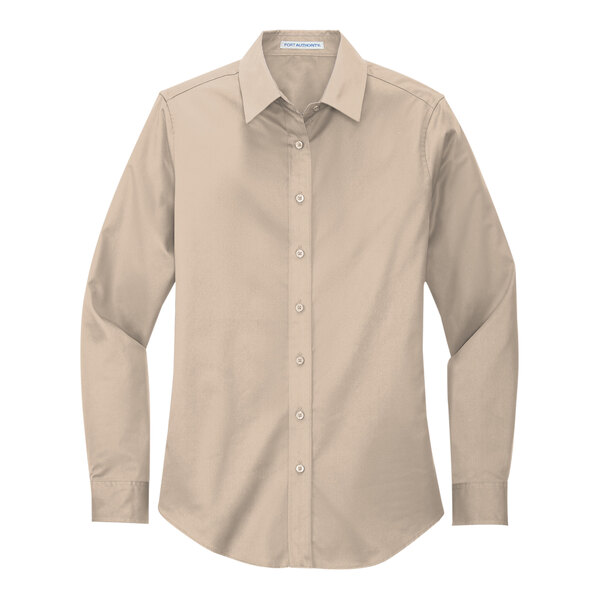 A Port Authority women's stone long sleeve poplin shirt.