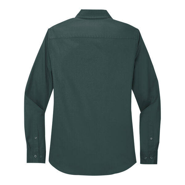 A dark green and navy Port Authority long sleeve dress shirt for women.