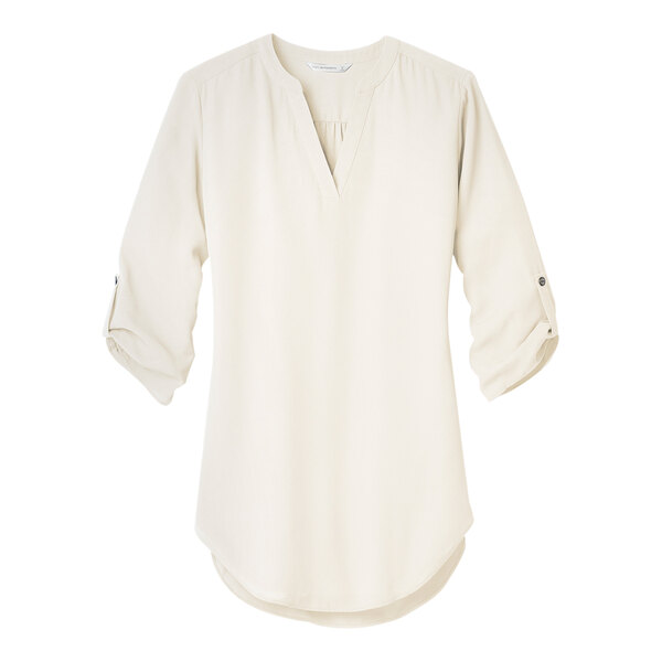 An ivory chiffon short sleeve blouse with a v-neck.
