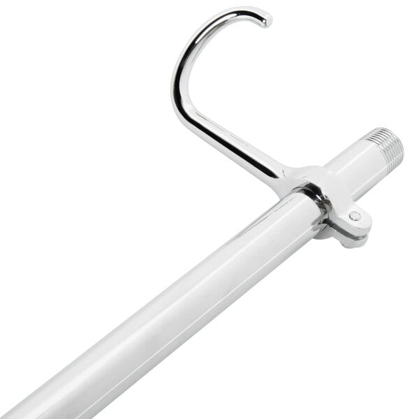 A silver metal rod with a white hook and silver handle.