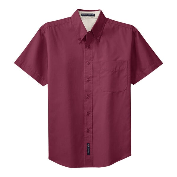 A Port Authority burgundy and light stone short sleeve dress shirt for men.