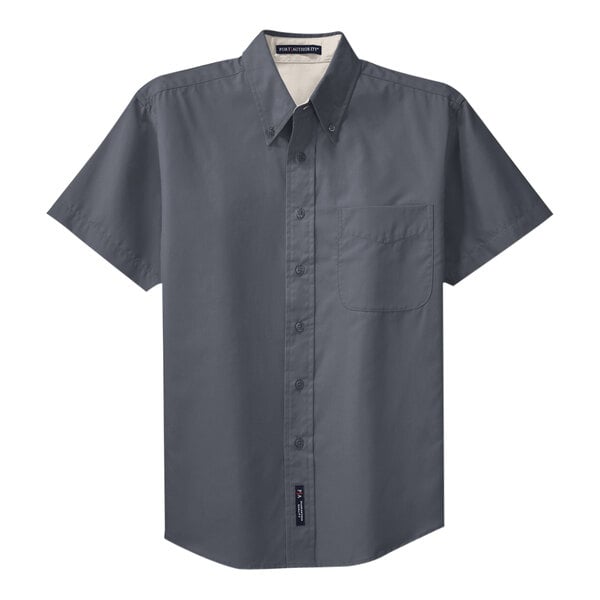 A Port Authority steel gray short sleeve button-down dress shirt.