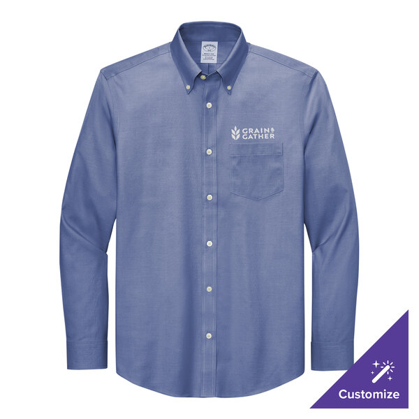 A Brooks Brothers cobalt blue long sleeve button up shirt.