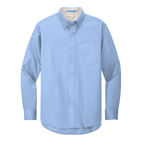 A Port Authority light blue long sleeve button down dress shirt.