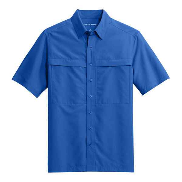 A Port Authority blue short sleeve shirt.