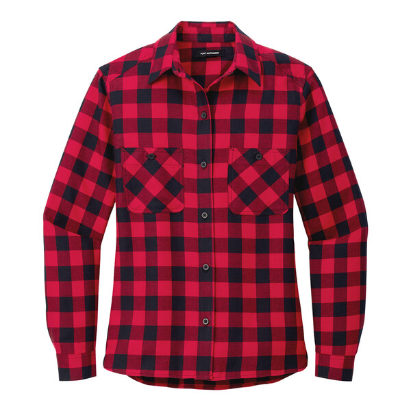 A red and black plaid Port Authority women's flannel shirt.