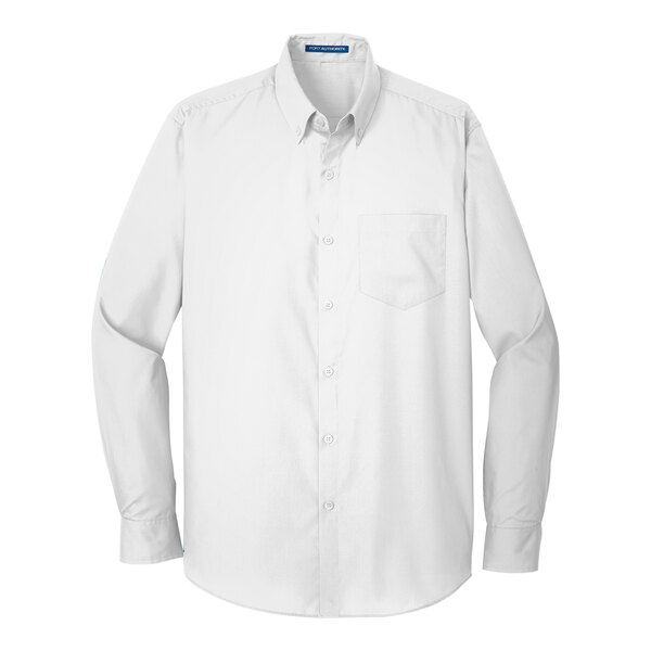 A white Port Authority long sleeve poplin dress shirt with a pocket.
