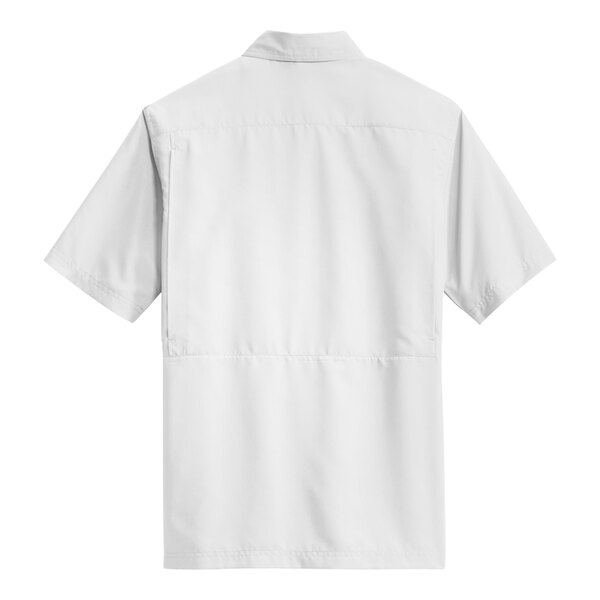 The back of a white Port Authority shirt with a pocket.