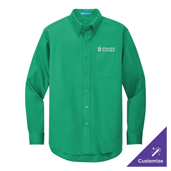 A Port Authority court green long sleeve dress shirt with logo.
