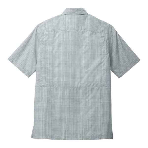 The back of a Port Authority short sleeve shirt with a grey plaid pattern.