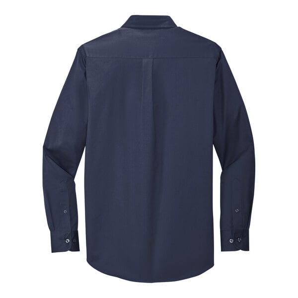 A Port Authority navy and light stone long sleeve dress shirt.
